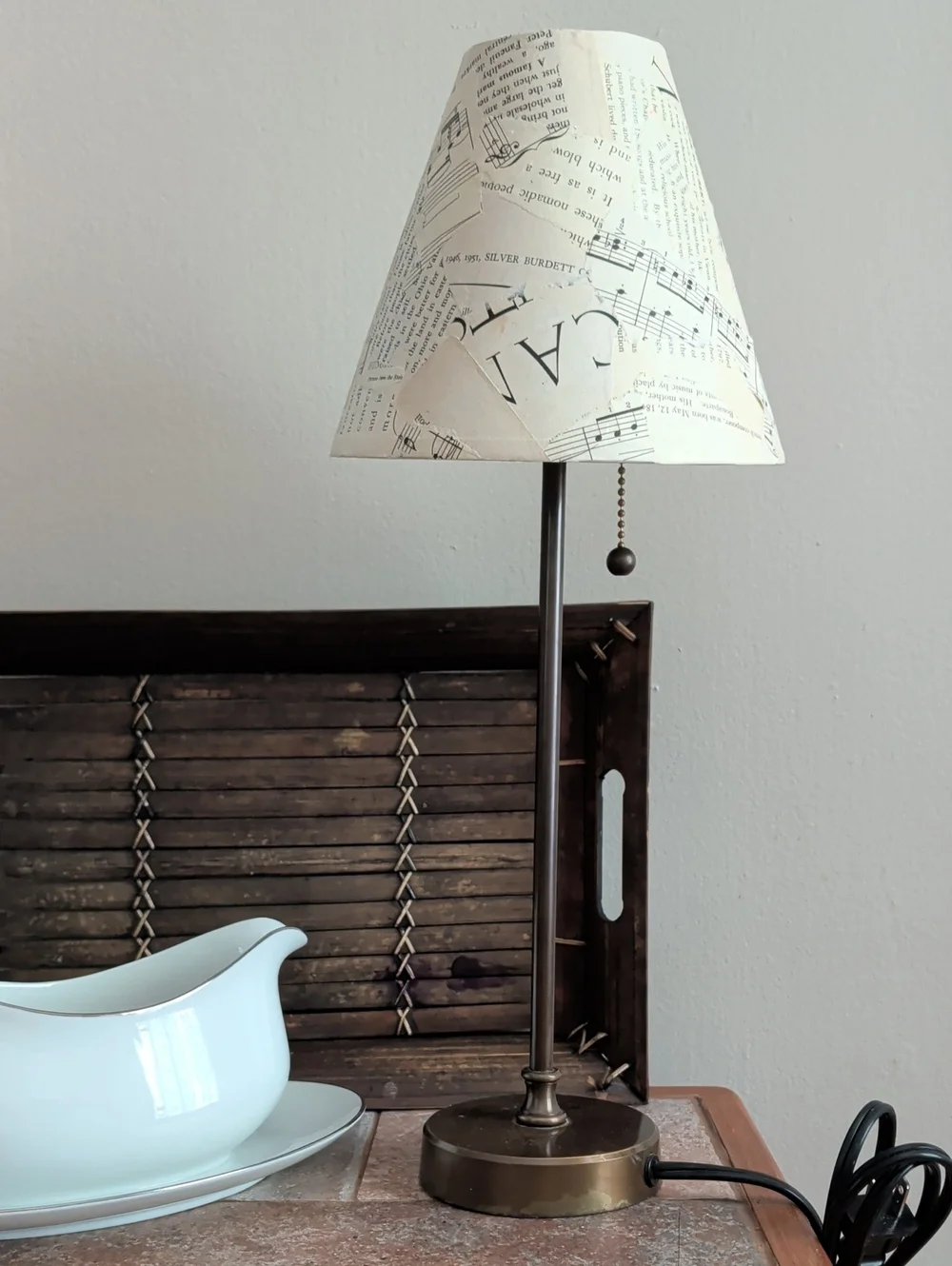 Vintage-Style Brass Table Lamp with Sheet Music Shade Decorative Home Lighting